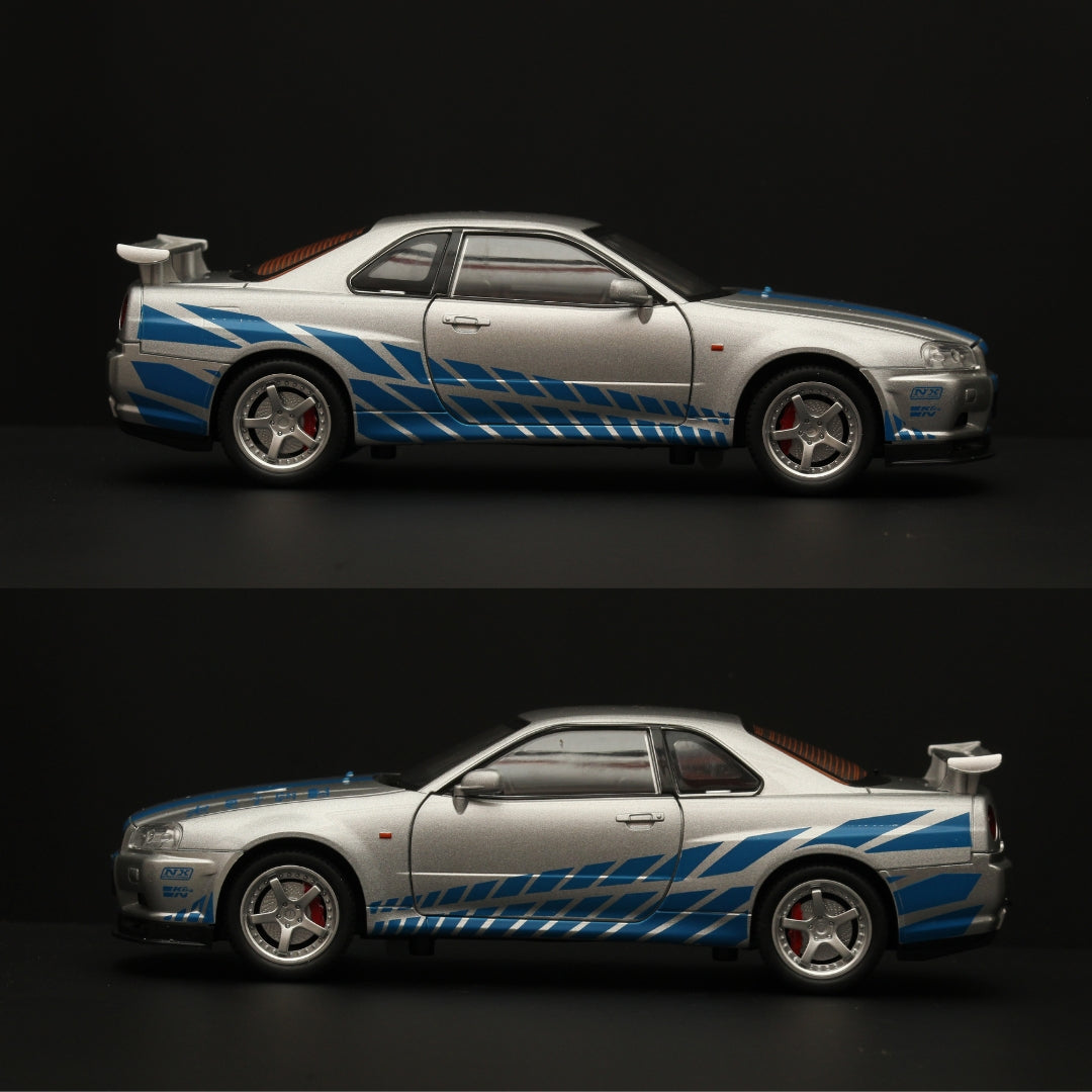 1:24 Gtr R34 High Quality Diecast (Silver - Blue ) - Kunju Vandi