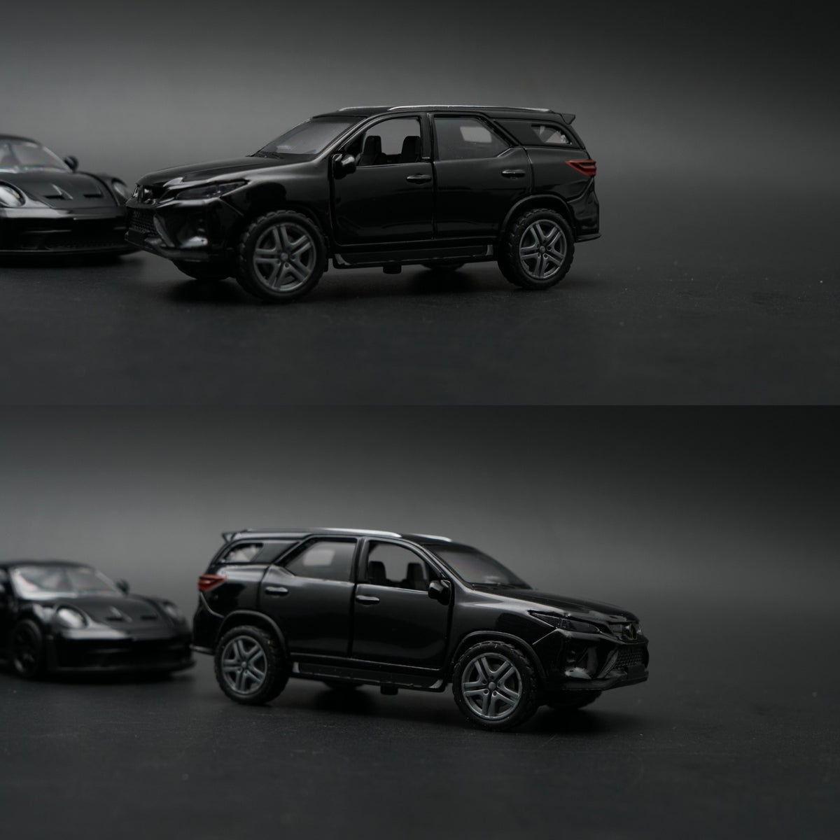 1:36 Diecast 2-Car Set | Porsche 911 Turbo S + Toyota Fortuner | Full Black Pair - Kunju Vandi