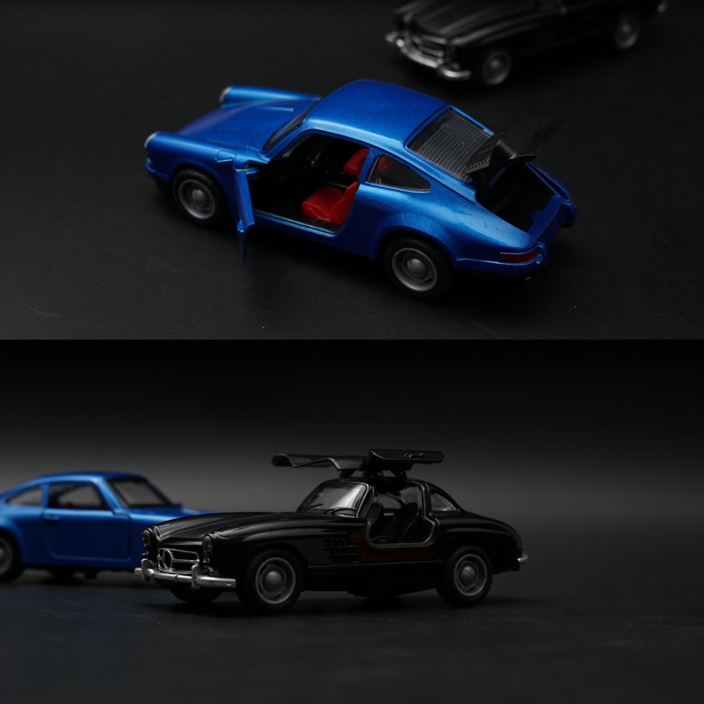 1:36 Scale Diecast Classic Pair – Porsche 911 Style & Mercedes-Benz 300SL Coupe Models (Blue & Black) - Kunju Vandi