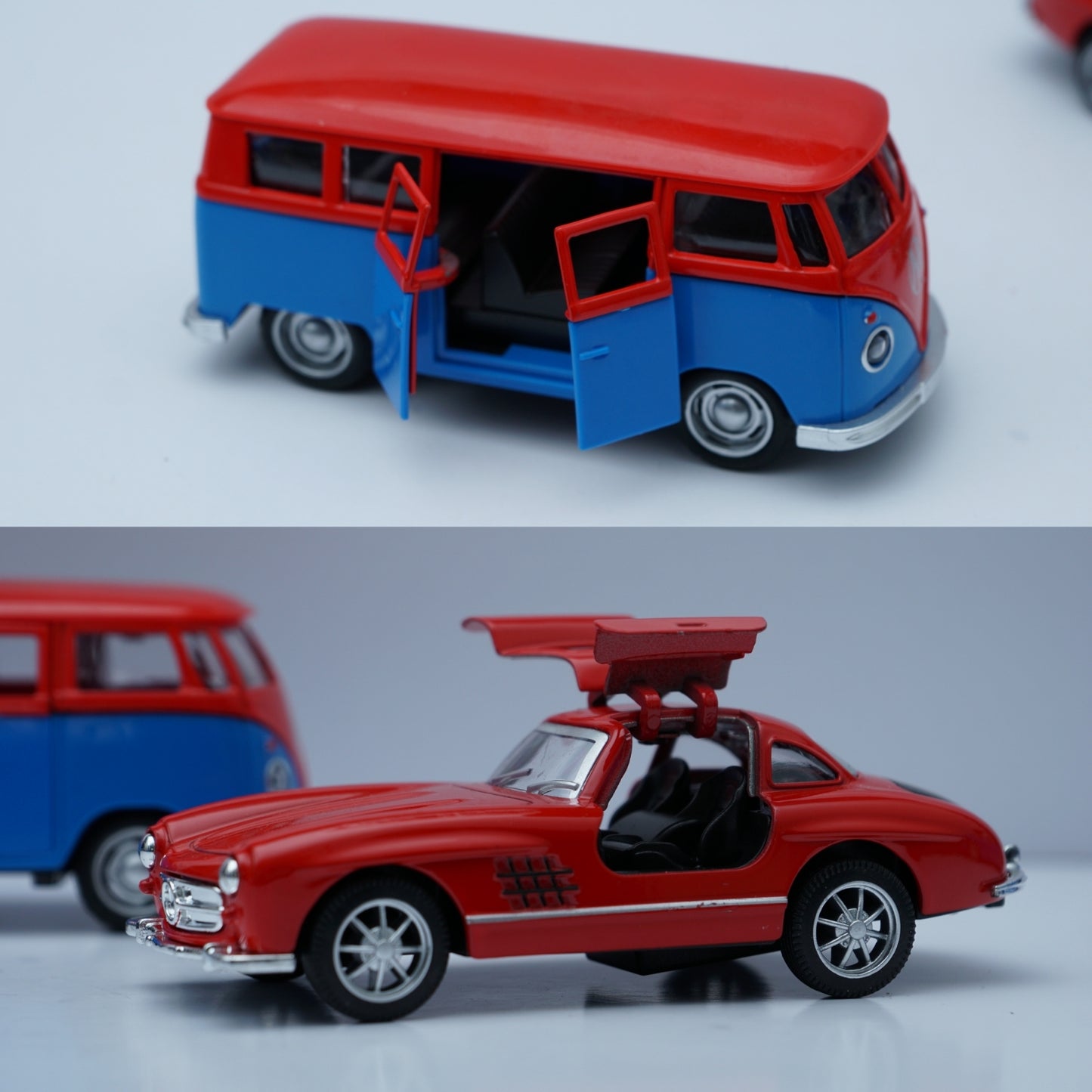1:36 Scale Diecast Retro Duo – Volkswagen Type 2 (T1) Bus & Mercedes-Benz 300SL Coupe (Red & Blue Set) - Kunju Vandi