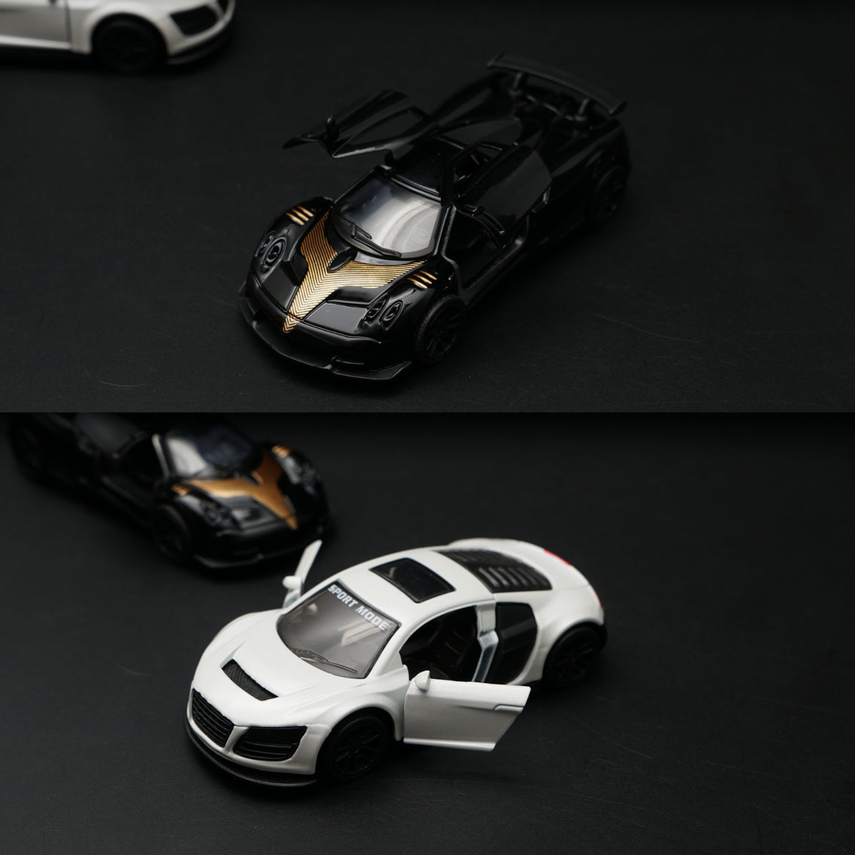 1:43 Diecast 2-Car Set | Audi R8 Sport White + Pagani Zonda Black & Gold - Kunju Vandi