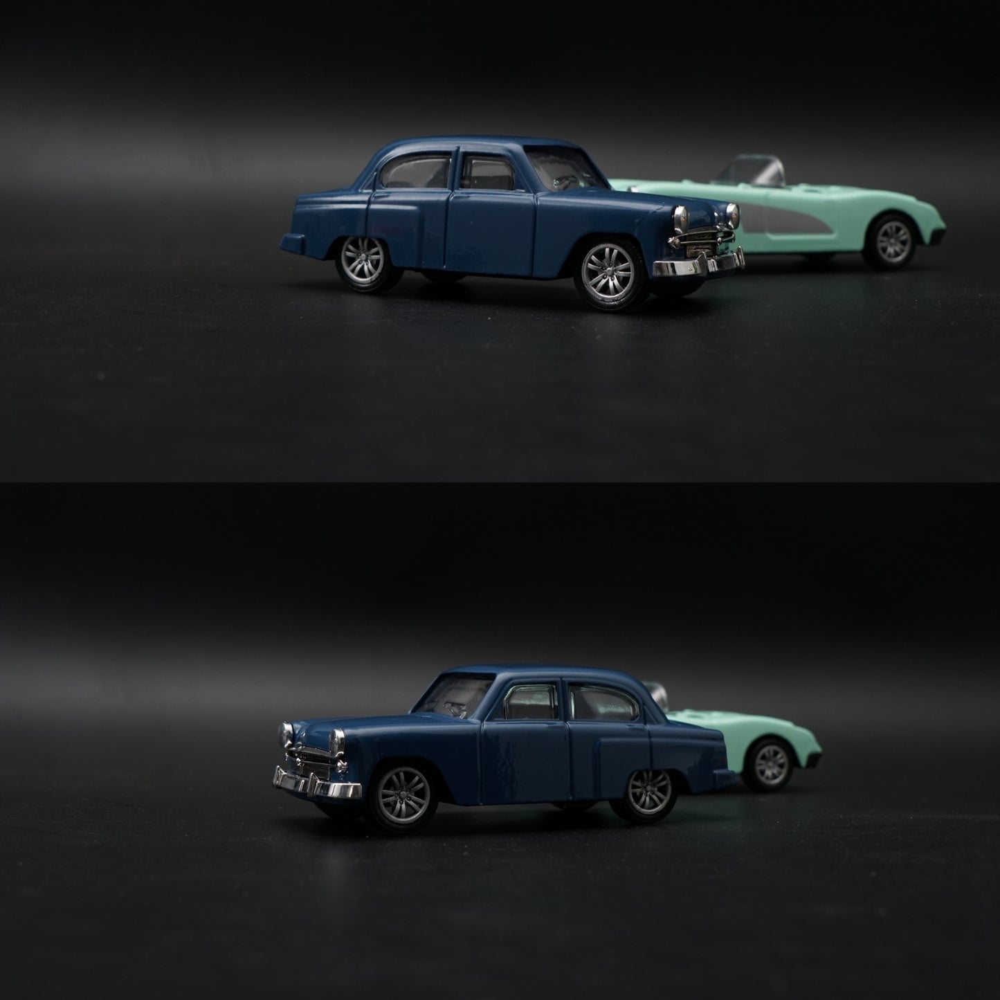 1:43 Diecast 2-Car Set | Classic Navy Sedan + Mint Green Corvette Roadster - Kunju Vandi