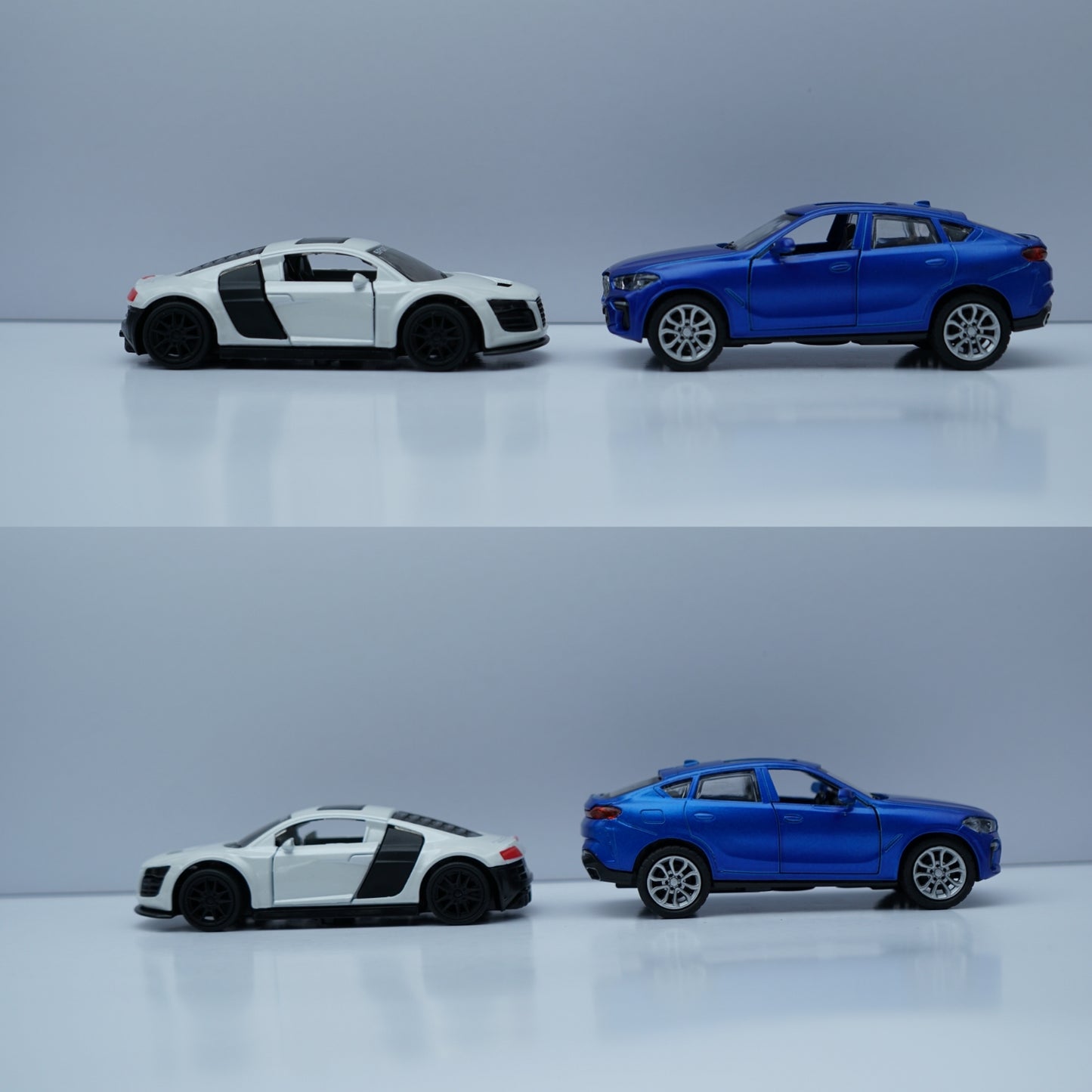 1:43 Diecast Car Combo – Audi R8 Style Sports & BMW SUV Model (White + Blue, Metal Body) - Kunju Vandi