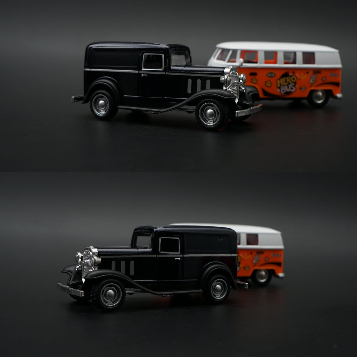 Diecast 2-Car Set | Ford Model A Black 1:43 + VW T1 Hero Bus #05 Orange 1:36 - Kunju Vandi