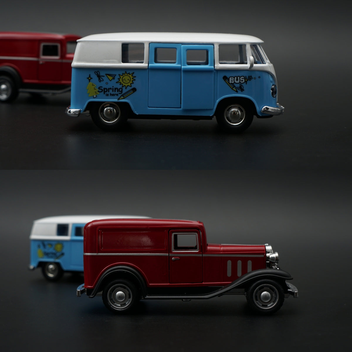 Diecast 2-Car Set | Ford Model A Red 1:43 + VW T1 Spring is Here Bus Blue 1:36 - Kunju Vandi