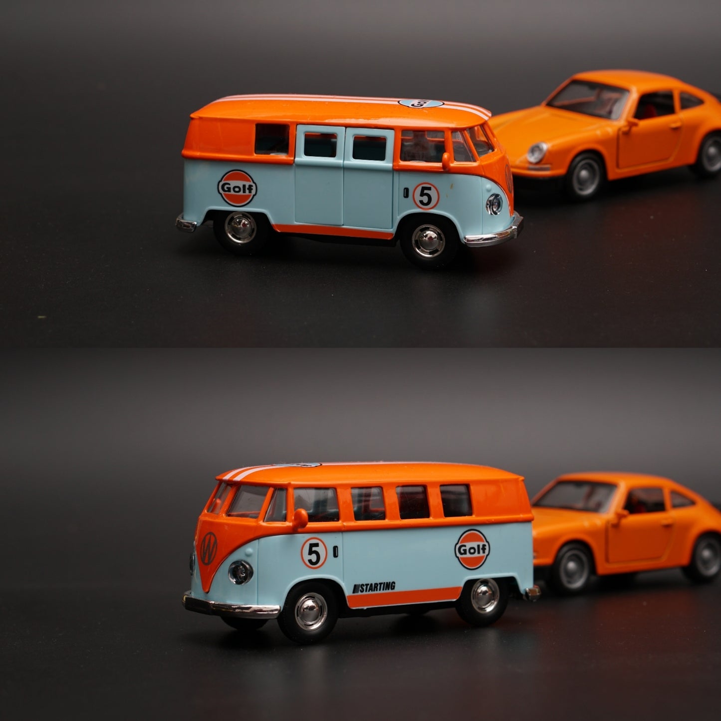 1:36 Volkswagen T1 , Porsche Diecast combo (OrangeTop,orange) - Kunju Vandi