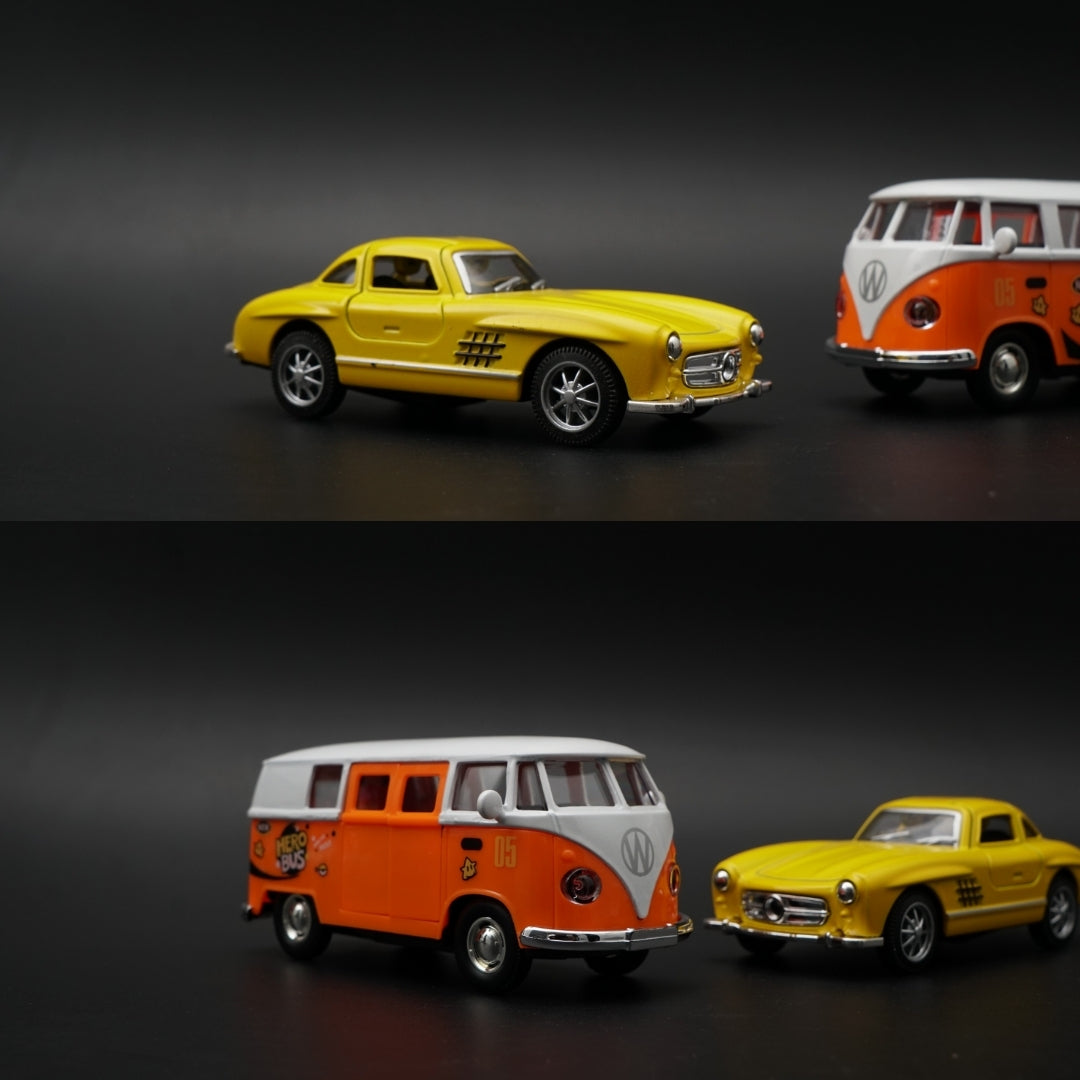 1:36 Diecast 2-Car Set | VW T1 Hero Bus #05 + Mercedes 300SL | Orange & Yellow