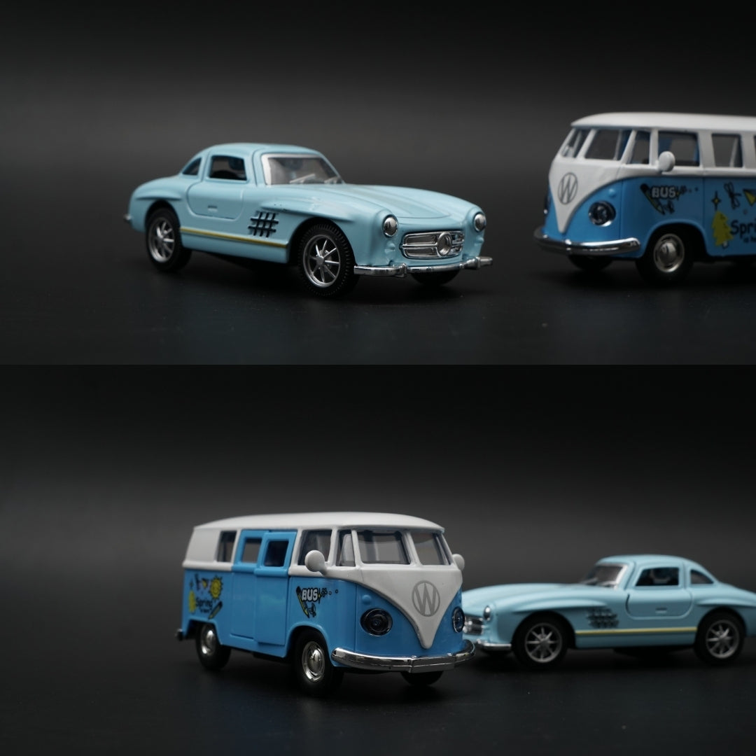 1:36 Diecast 2-Car Set | VW T1 Spring Bus + Mercedes 300SL | Sky Blue Pair