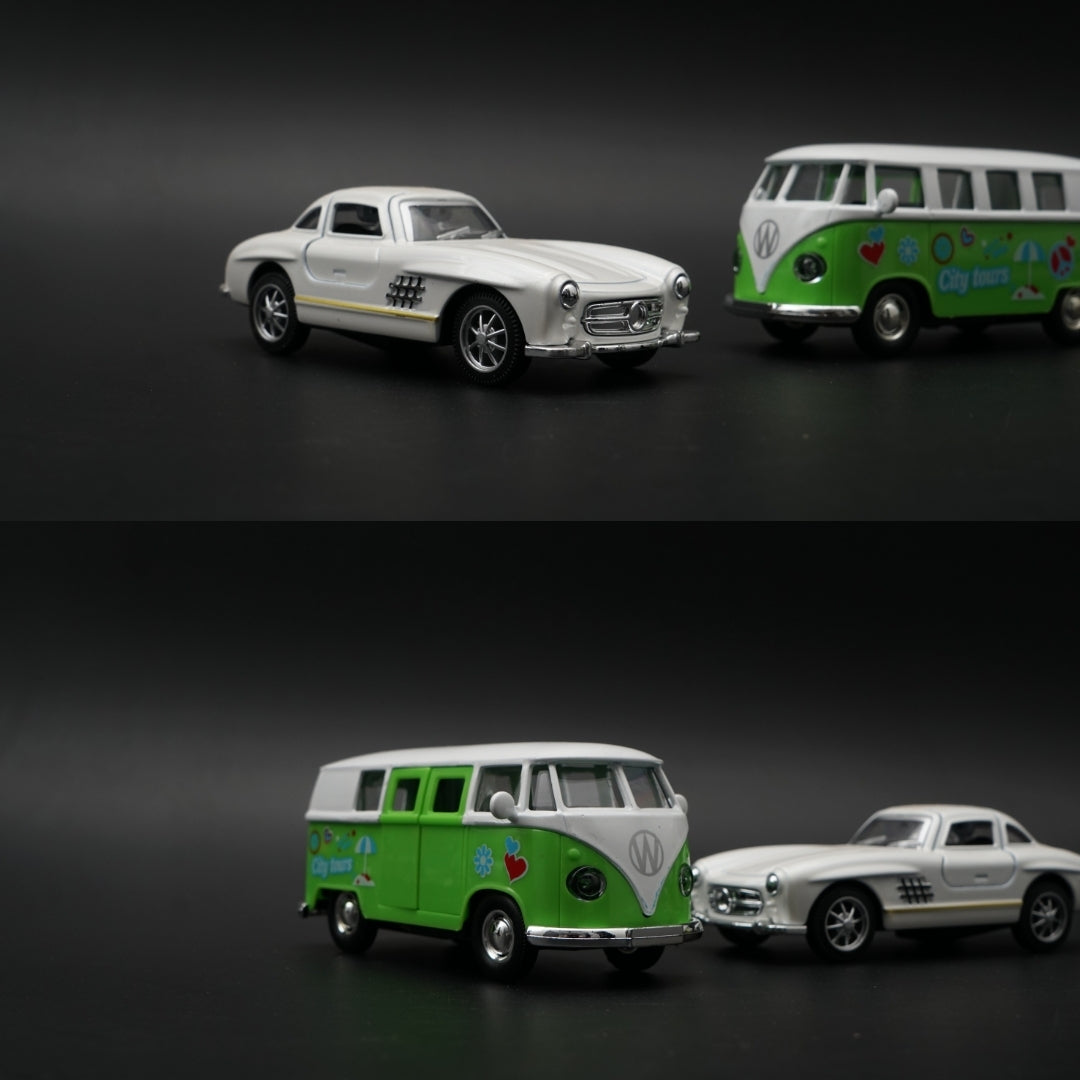 1:36 Diecast 2-Car Set | VW T1 City Tours Bus + Mercedes 300SL | Green & White Pair