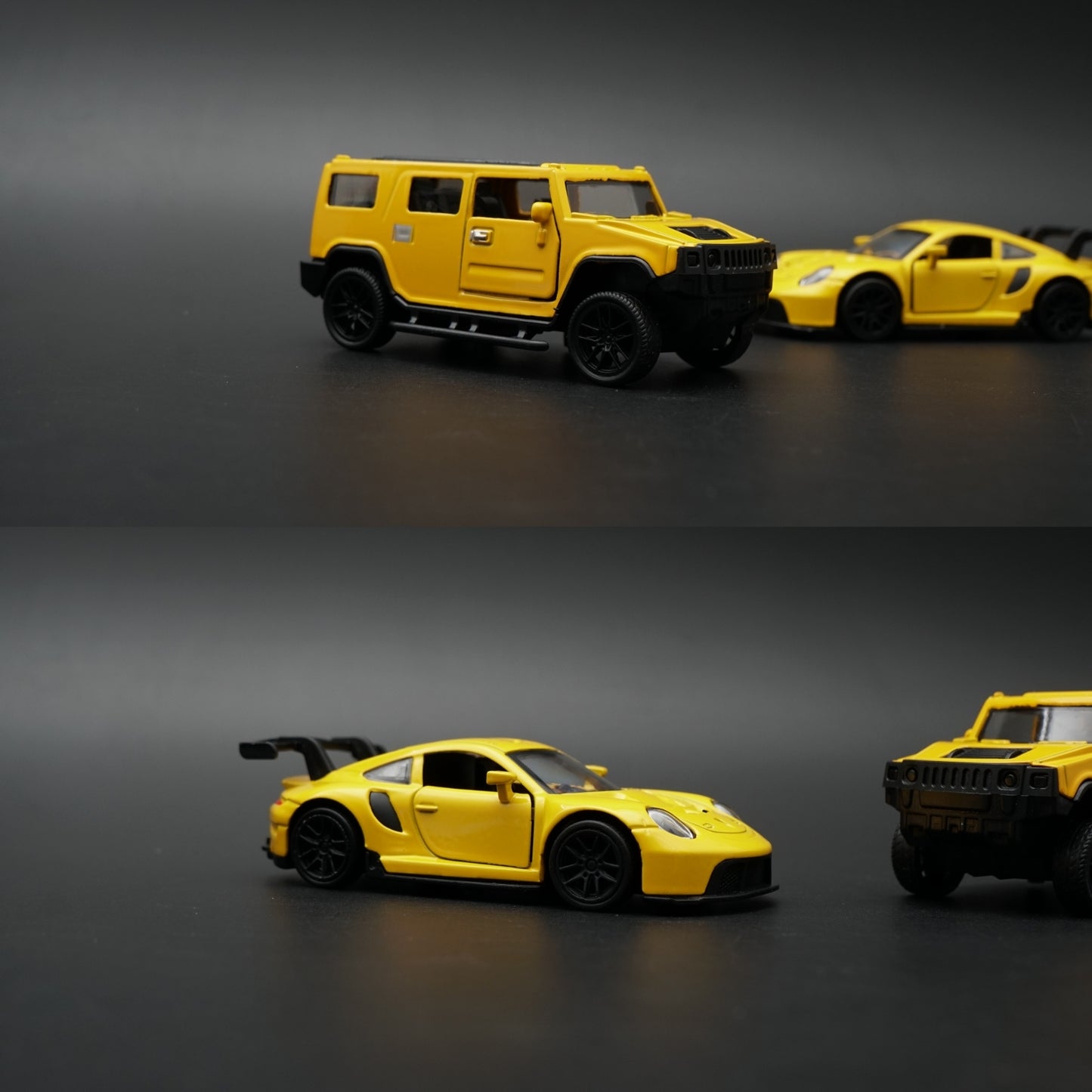 1:43 Diecast 2-Car Set | Hummer H2 Yellow + Porsche 911 GT3 RS Yellow