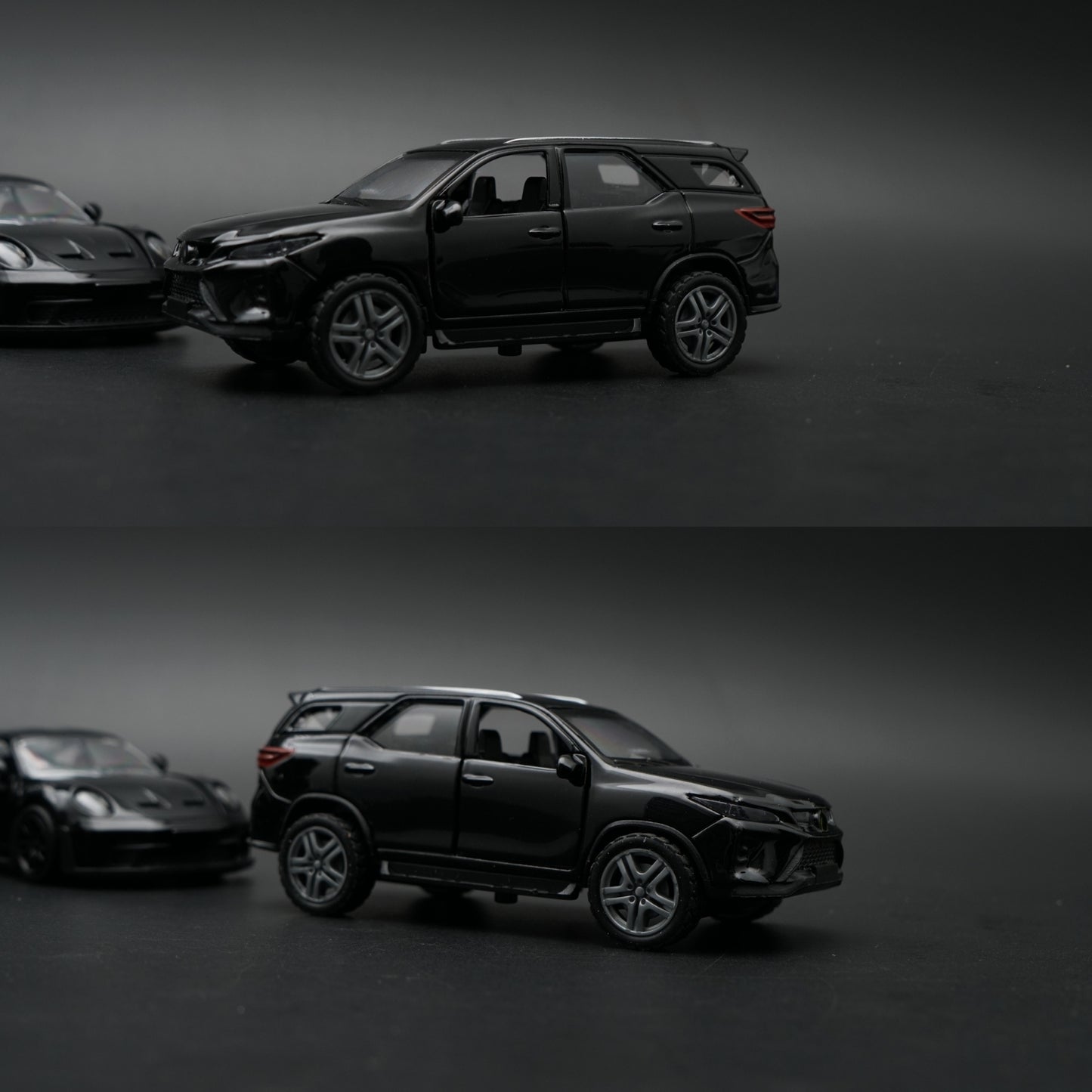1:36 Diecast 2-Car Set | Porsche 911 Turbo S + Toyota Fortuner | Full Black Pair