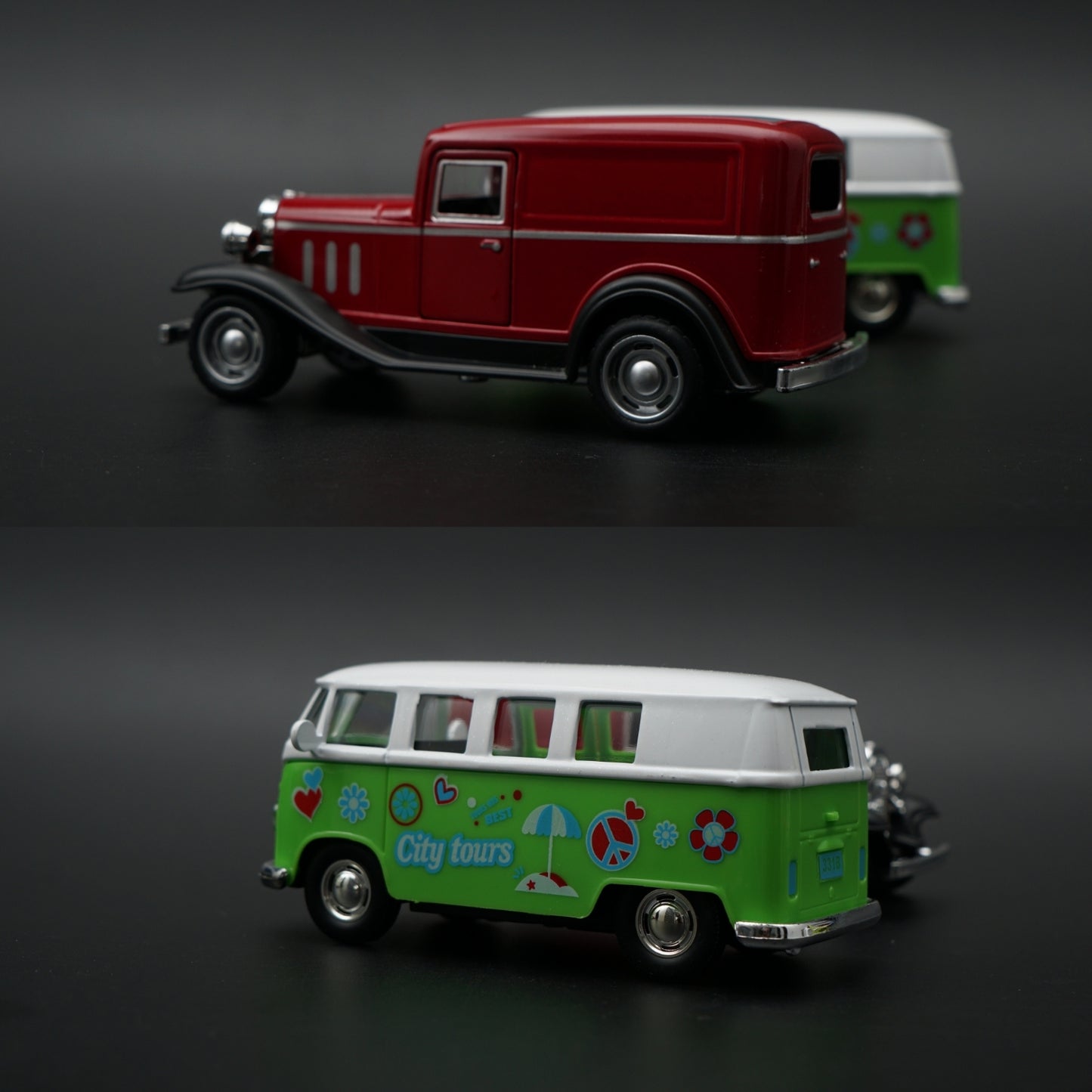 1:43 Diecast 2-Car Set | Ford Model A Panel Van Red + VW T1 City Tours Bus Green