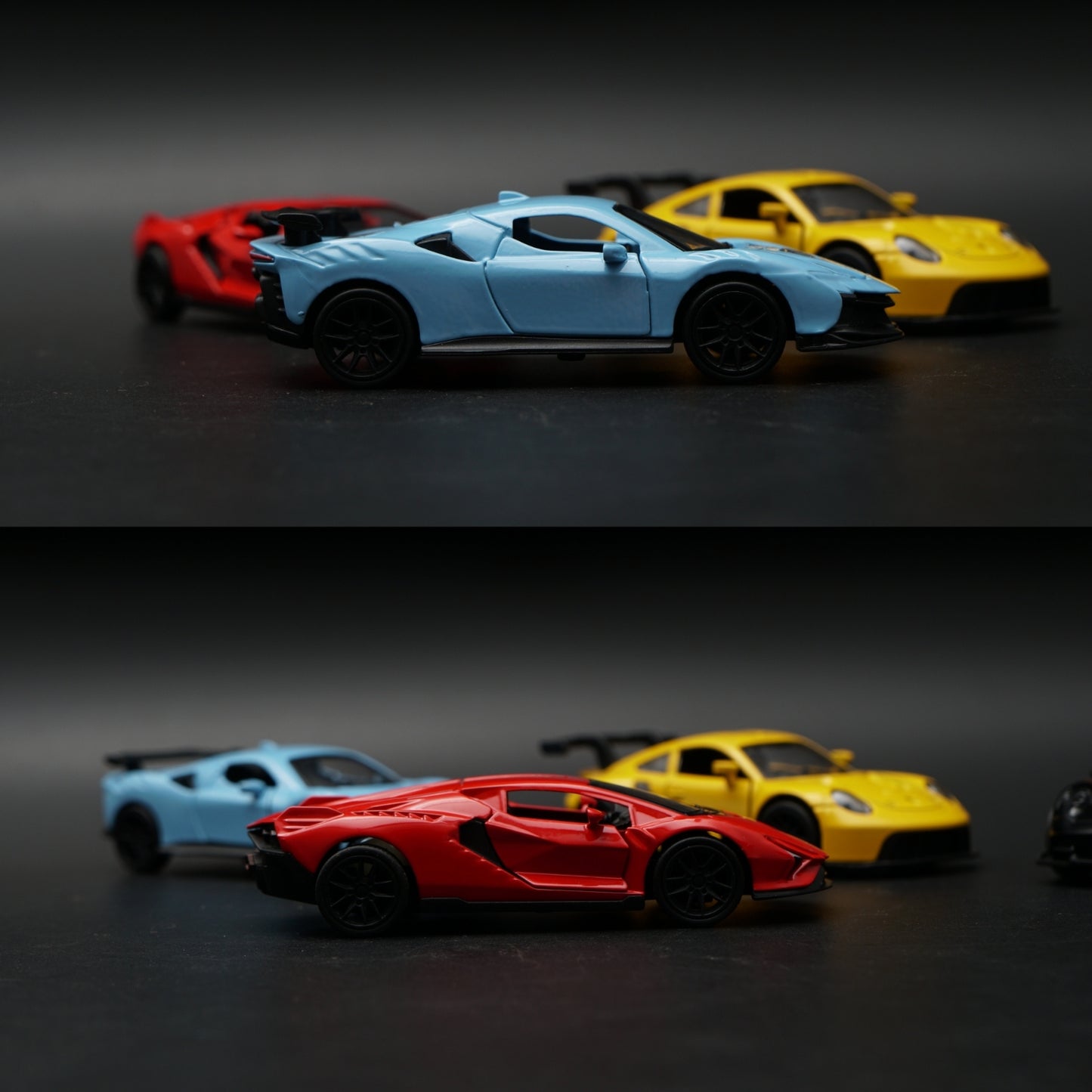 1:43 Diecast 4-Car Bundle | Ferrari Blue · Lambo Red · Porsche Yellow · Pagani Black Gold