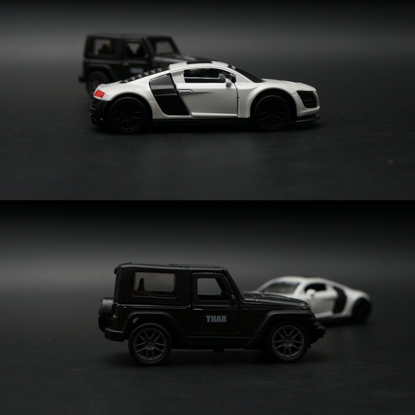 1:43 Diecast 2-Car Set | Mahindra Thar Black + Audi R8 Sport Mode White