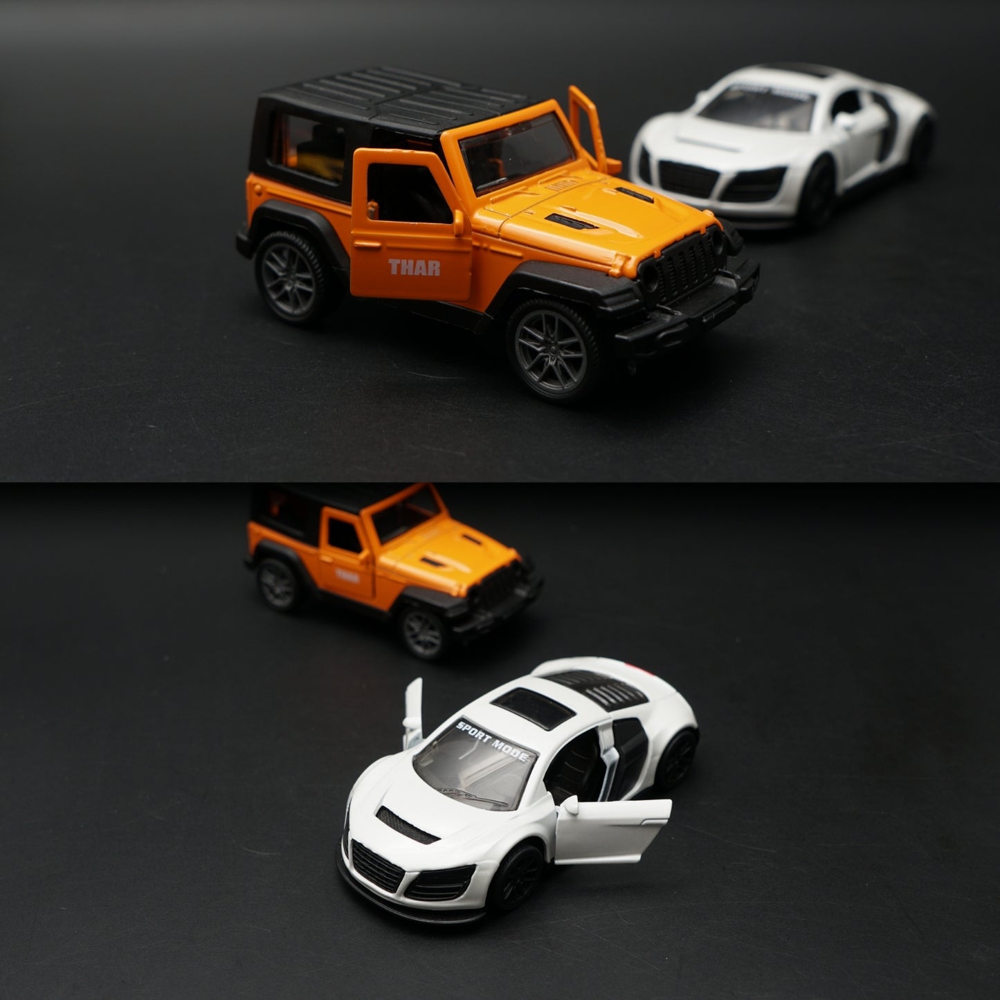 1:43 Diecast 2-Car Set | Audi R8 Sport White + Mahindra Thar Orange & Black