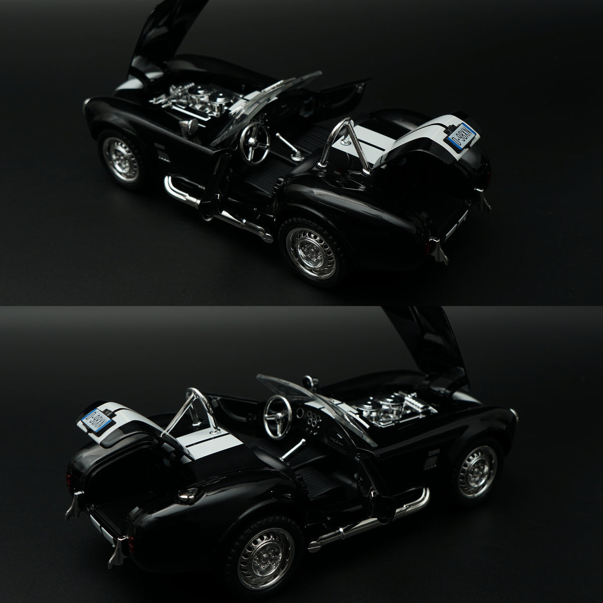 1:24 Scale Shelby Cobra 427 Roadster Diecast Model Car – Black with White Racing Stripes