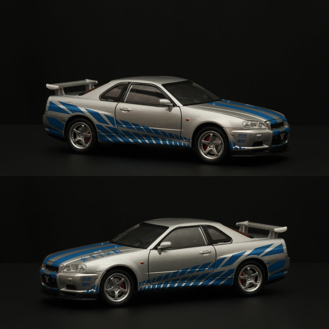 1:24 Gtr R34 High Quality Diecast (Silver - Blue ) -  Kunju Vandi  