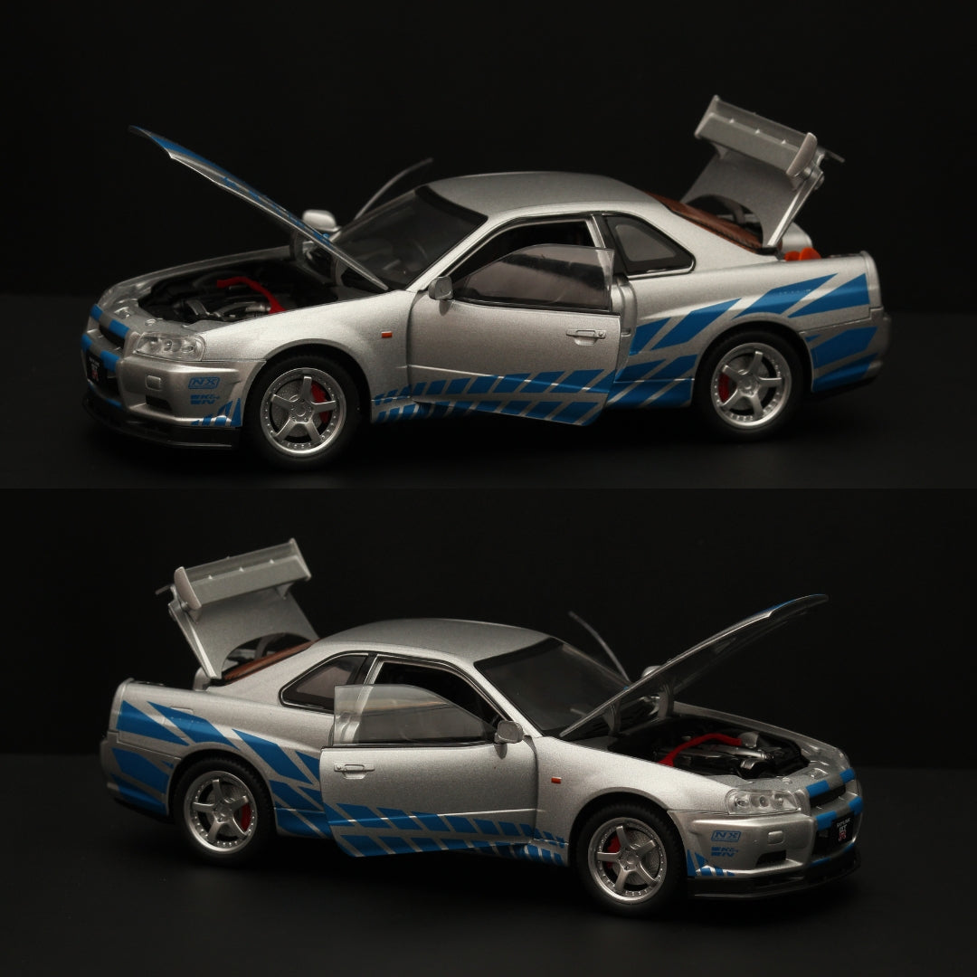 1:24 Gtr R34 High Quality Diecast (Silver - Blue ) -  Kunju Vandi  
