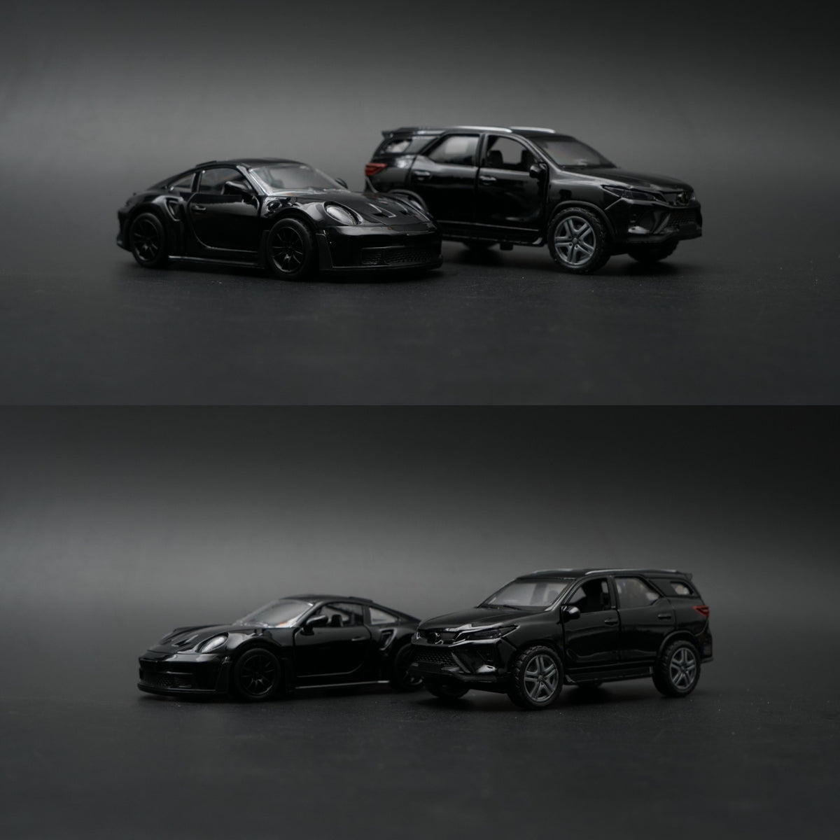 1:36 Diecast 2-Car Set | Porsche 911 Turbo S + Toyota Fortuner | Full Black Pair -  Kunju Vandi  
