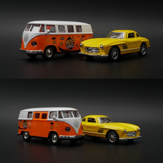 1:36 Diecast 2-Car Set | VW T1 Hero Bus #05 + Mercedes 300SL | Orange & Yellow -  Kunju Vandi  