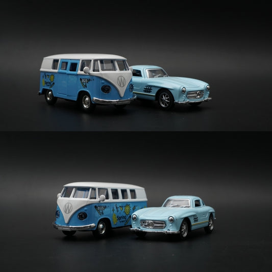 1:36 Diecast 2-Car Set | VW T1 Spring Bus + Mercedes 300SL | Sky Blue Pair -  Kunju Vandi  