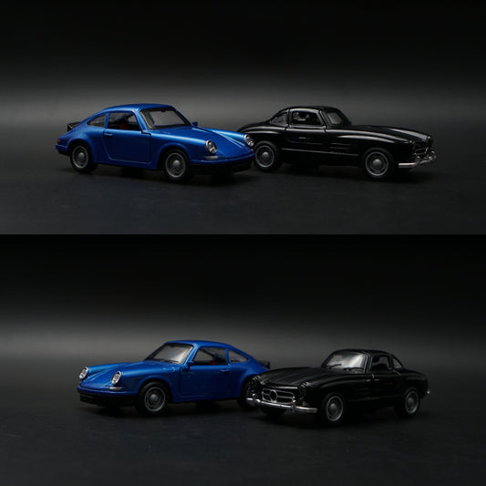 1:36 Scale Diecast Classic Pair – Porsche 911 Style & Mercedes-Benz 300SL Coupe Models (Blue & Black) -  Kunju Vandi