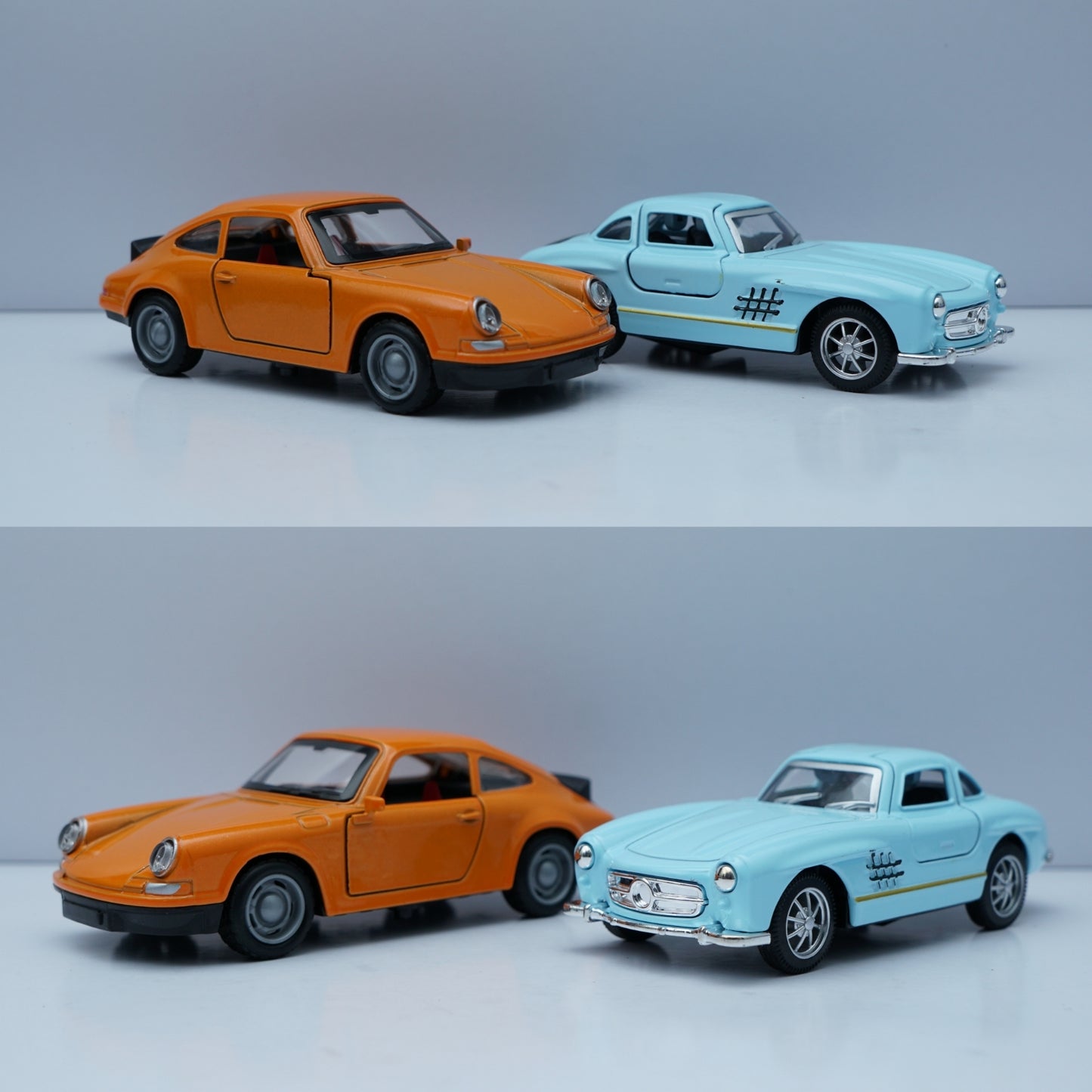 1:36 Scale Diecast Classic Pair – Porsche 911 Style & Mercedes-Benz 300SL Models (Orange & Light Blue) -  Kunju Vandi  