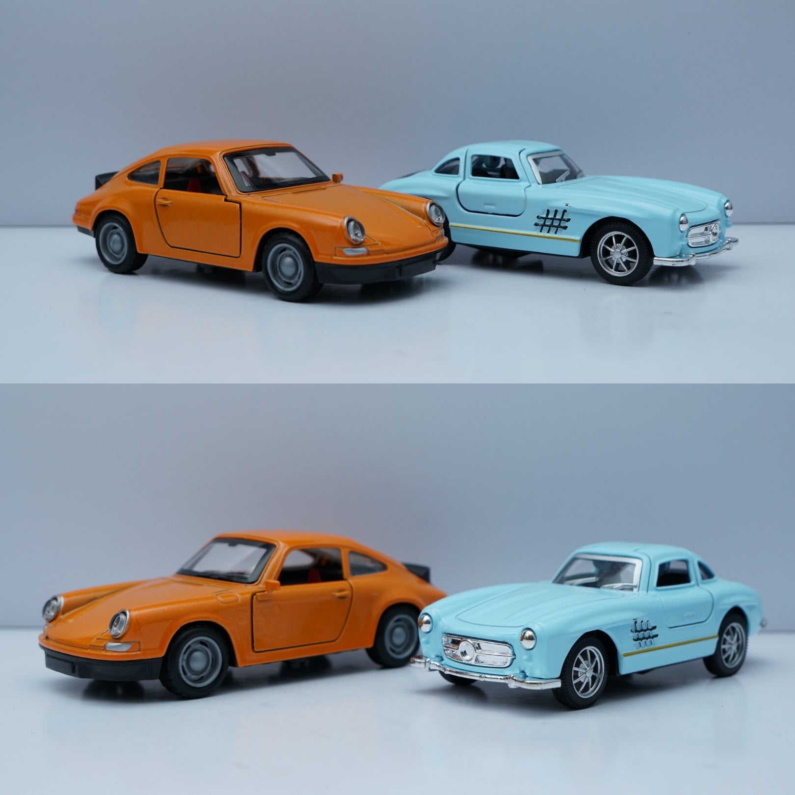 1:36 Scale Diecast Classic Pair – Porsche 911 Style & Mercedes-Benz 300SL Models (Orange & Light Blue) -  Kunju Vandi  