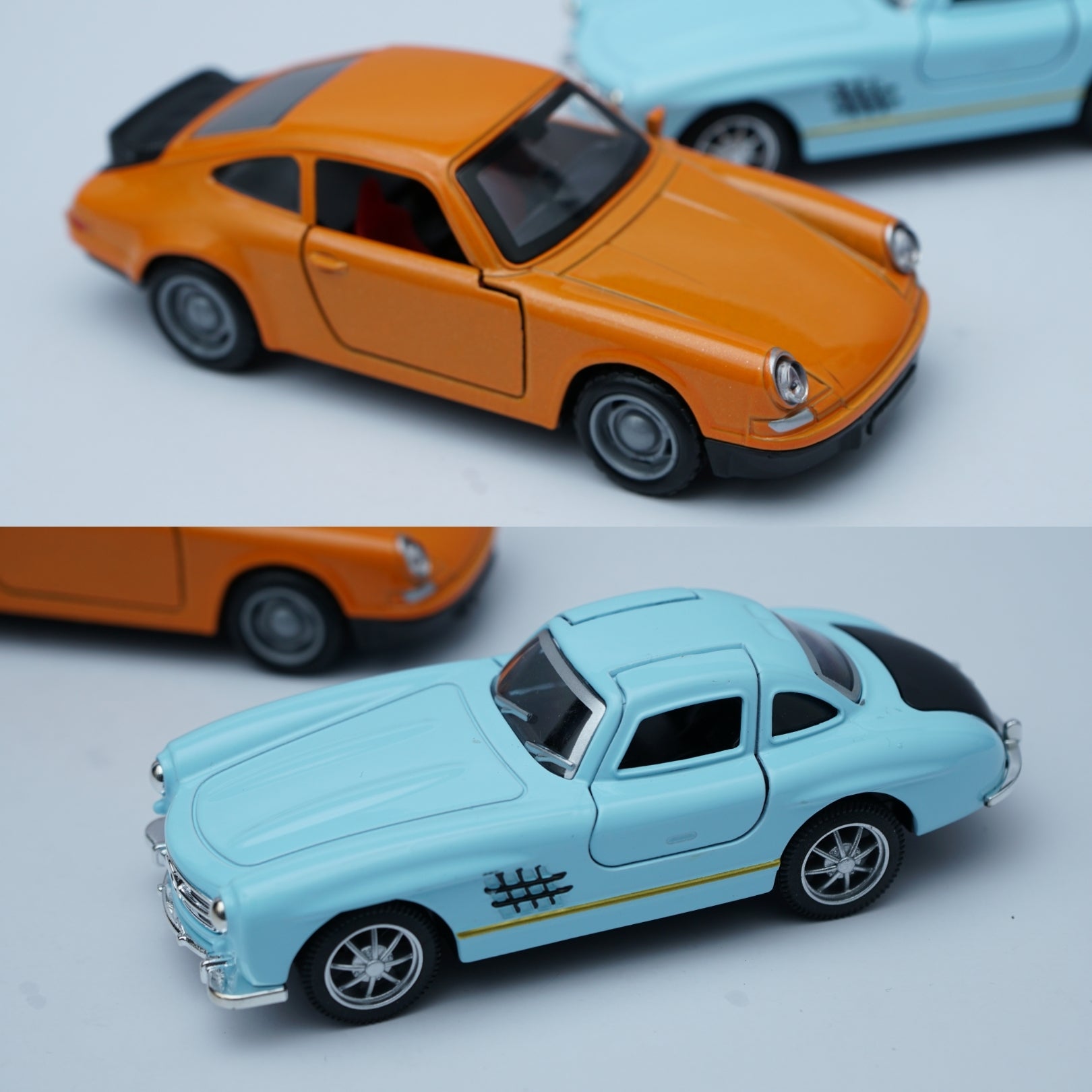 1:36 Scale Diecast Classic Pair – Porsche 911 Style & Mercedes-Benz 300SL Models (Orange & Light Blue) -  Kunju Vandi  