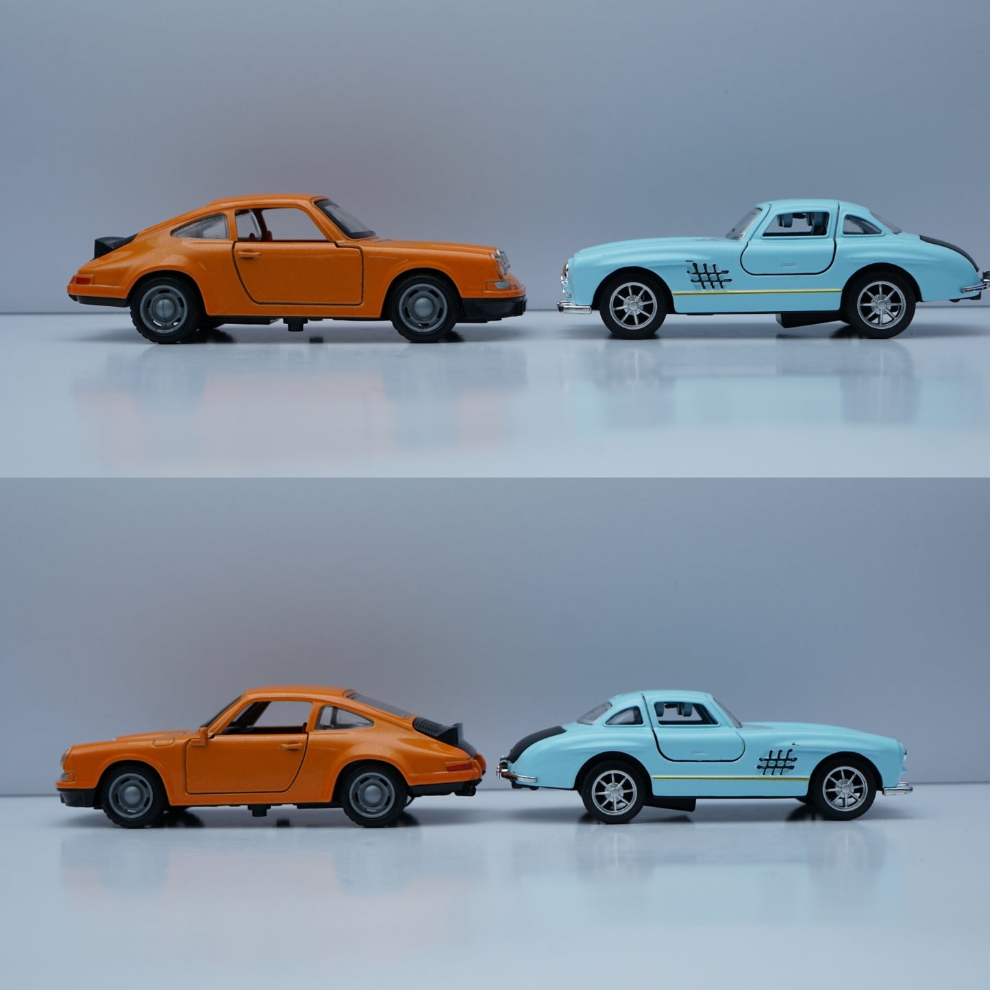 1:36 Scale Diecast Classic Pair – Porsche 911 Style & Mercedes-Benz 300SL Models (Orange & Light Blue) -  Kunju Vandi  