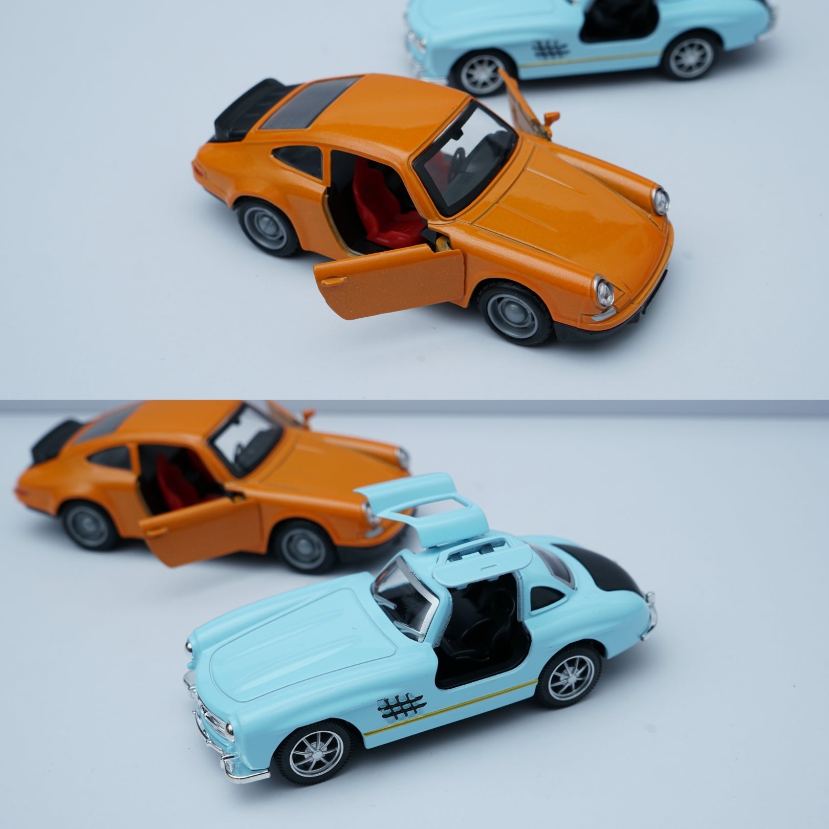 1:36 Scale Diecast Classic Pair – Porsche 911 Style & Mercedes-Benz 300SL Models (Orange & Light Blue) -  Kunju Vandi  