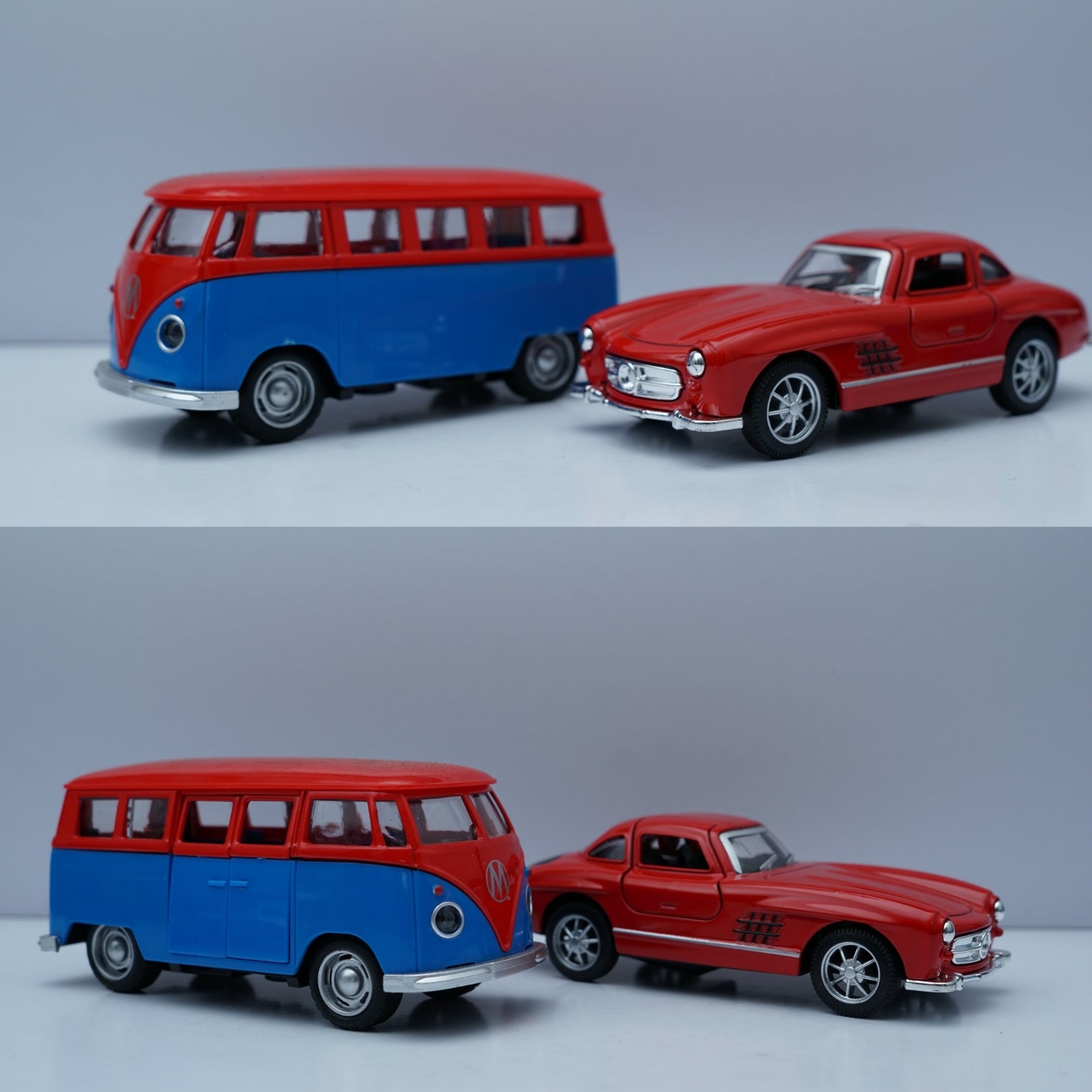 1:36 Scale Diecast Retro Duo – Volkswagen Type 2 (T1) Bus & Mercedes-Benz 300SL Coupe (Red & Blue Set) -  Kunju Vandi  