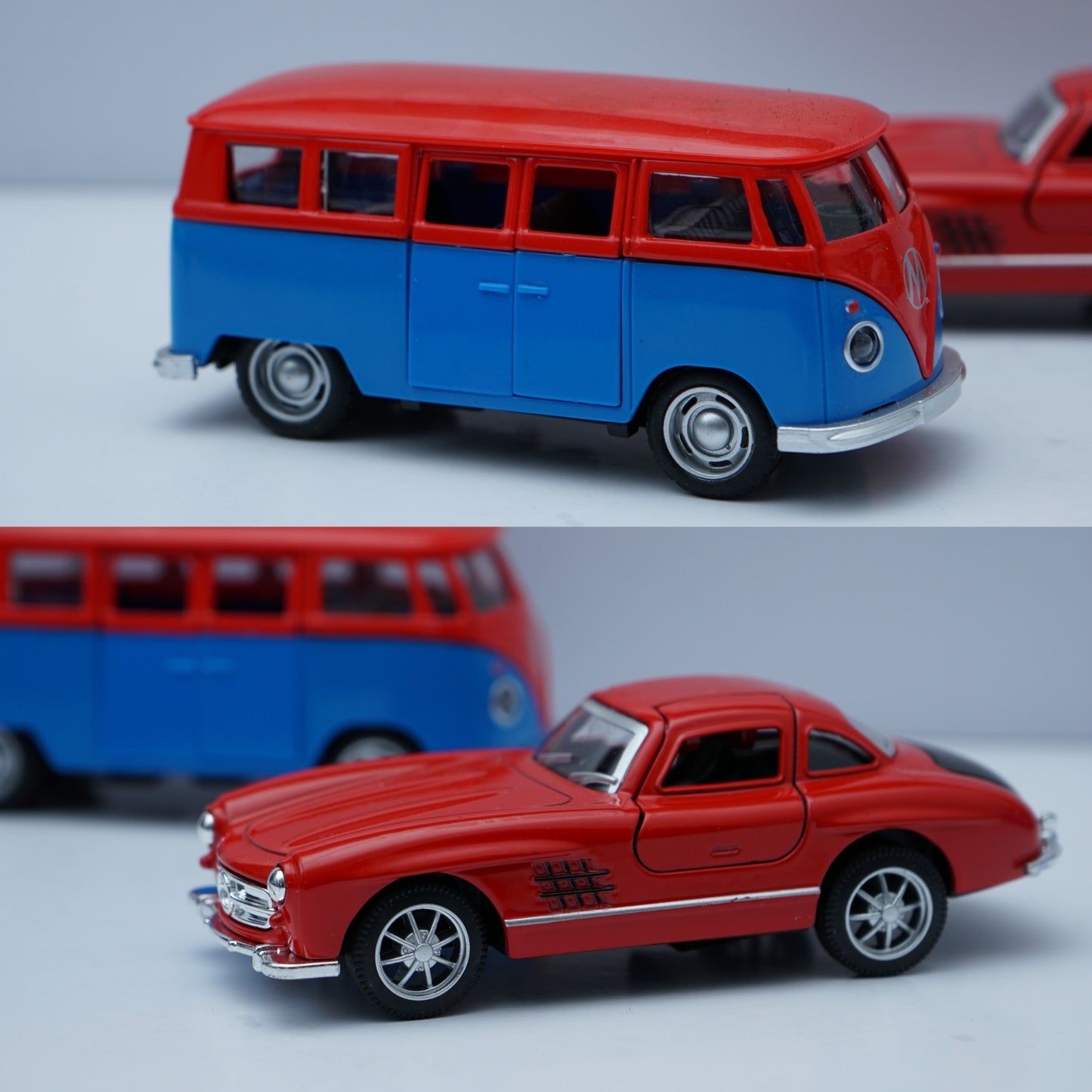 1:36 Scale Diecast Retro Duo – Volkswagen Type 2 (T1) Bus & Mercedes-Benz 300SL Coupe (Red & Blue Set) -  Kunju Vandi  