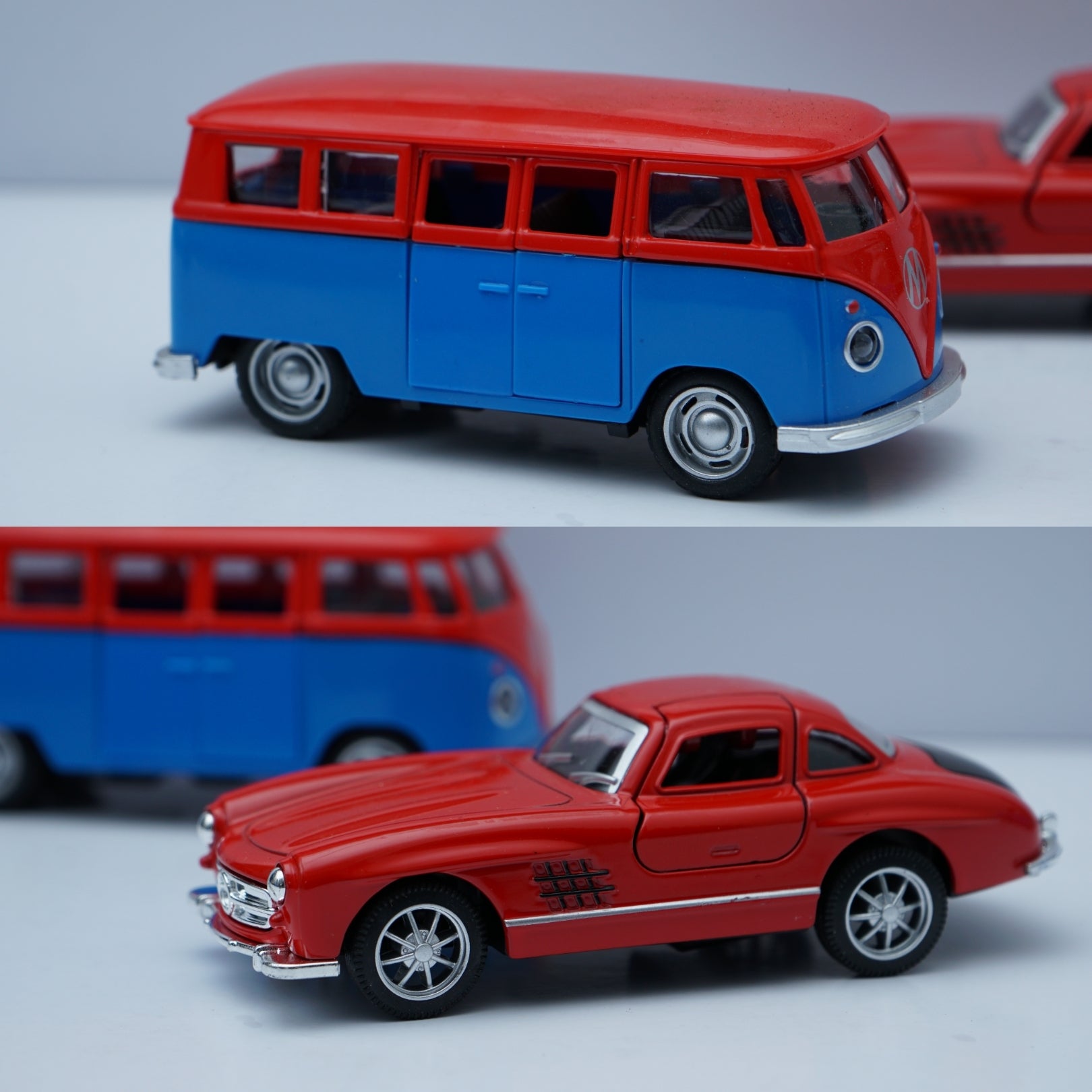 1:36 Scale Diecast Retro Duo – Volkswagen Type 2 (T1) Bus & Mercedes-Benz 300SL Coupe (Red & Blue Set) -  Kunju Vandi  