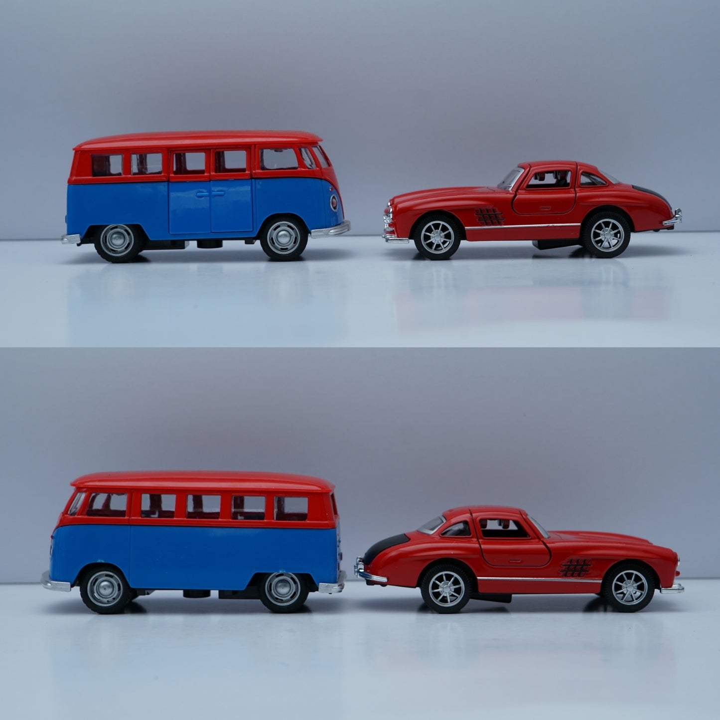 1:36 Scale Diecast Retro Duo – Volkswagen Type 2 (T1) Bus & Mercedes-Benz 300SL Coupe (Red & Blue Set) -  Kunju Vandi  