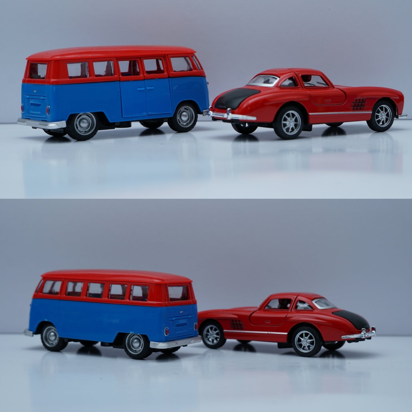 1:36 Scale Diecast Retro Duo – Volkswagen Type 2 (T1) Bus & Mercedes-Benz 300SL Coupe (Red & Blue Set) -  Kunju Vandi  