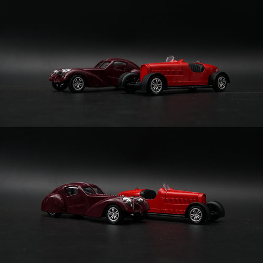 1:43 Diecast 2-Car Set | Burgundy Art Deco Coupe + Red Open-Wheel Racer -  Kunju Vandi  