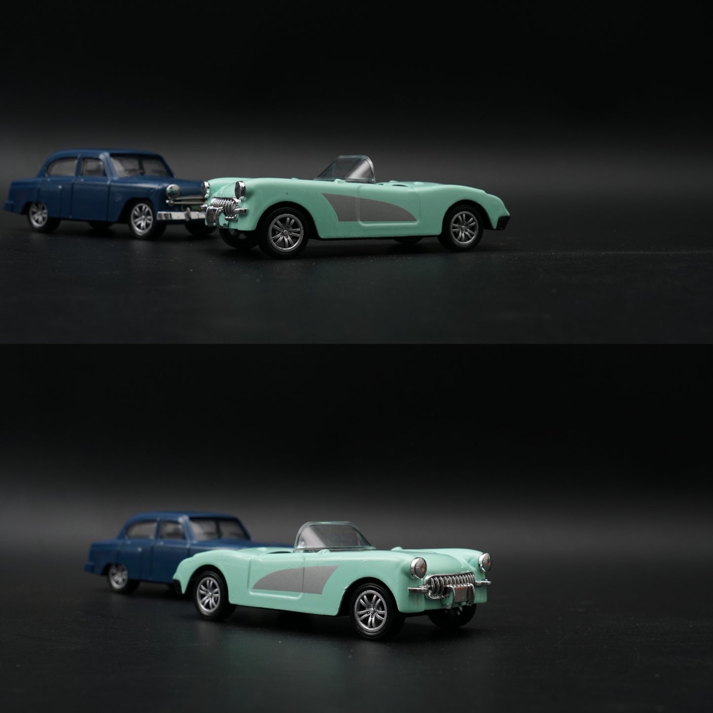 1:43 Diecast 2-Car Set | Classic Navy Sedan + Mint Green Corvette Roadster -  Kunju Vandi  