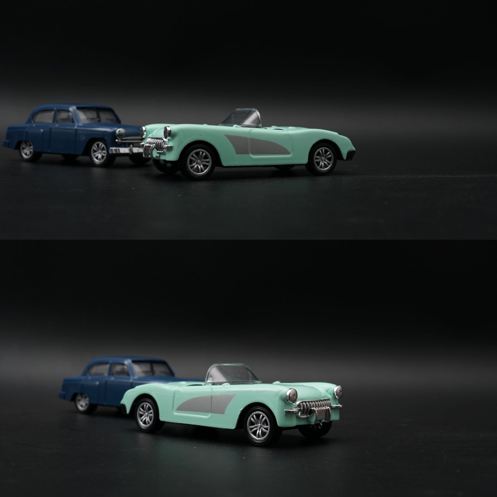 1:43 Diecast 2-Car Set | Classic Navy Sedan + Mint Green Corvette Roadster -  Kunju Vandi  