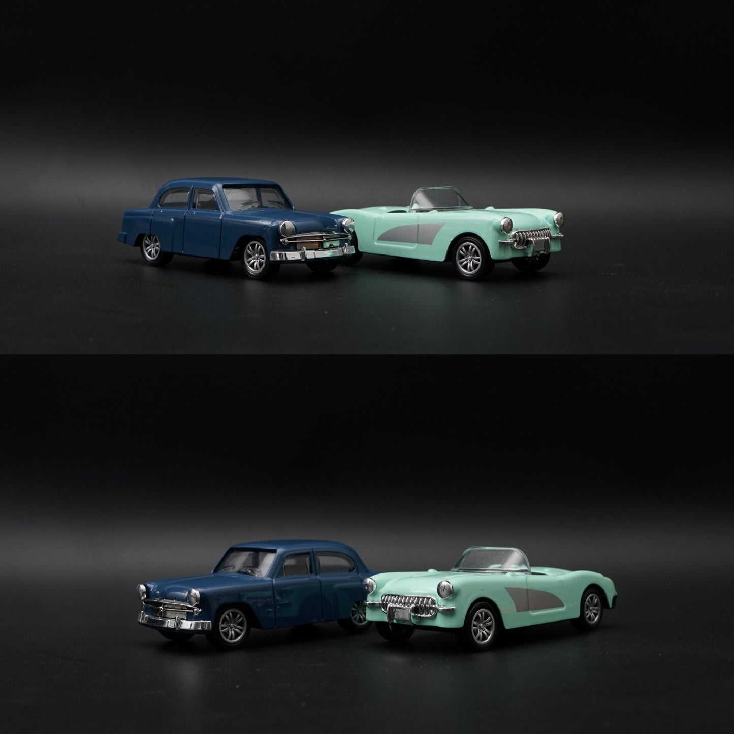 1:43 Diecast 2-Car Set | Classic Navy Sedan + Mint Green Corvette Roadster -  Kunju Vandi  