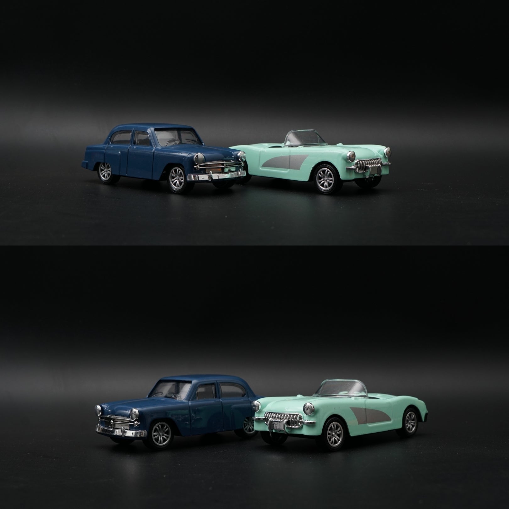 1:43 Diecast 2-Car Set | Classic Navy Sedan + Mint Green Corvette Roadster -  Kunju Vandi  