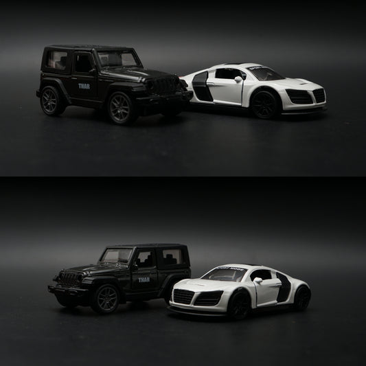 1:43 Diecast 2-Car Set | Mahindra Thar Black + Audi R8 Sport Mode White -  Kunju Vandi