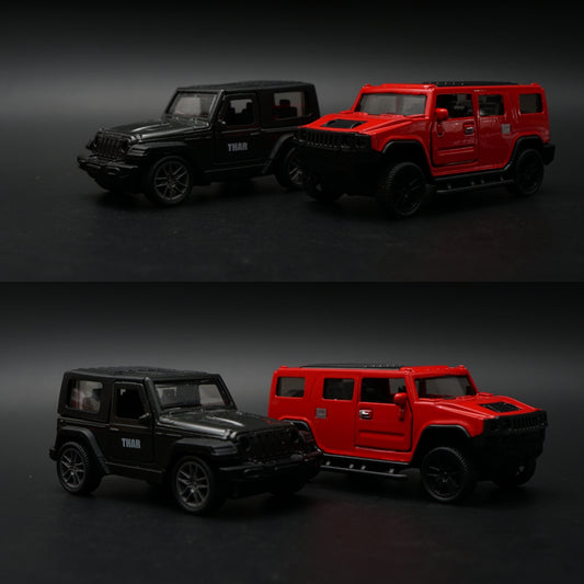 1:43 Diecast 2-Car Set | Mahindra Thar Black + Hummer H2 Red | Off-Road Legends -  Kunju Vandi