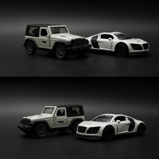 1:43 Diecast 2-Car Set | Mahindra Thar White + Audi R8 Sport Mode White | Matched Pair -  Kunju Vandi