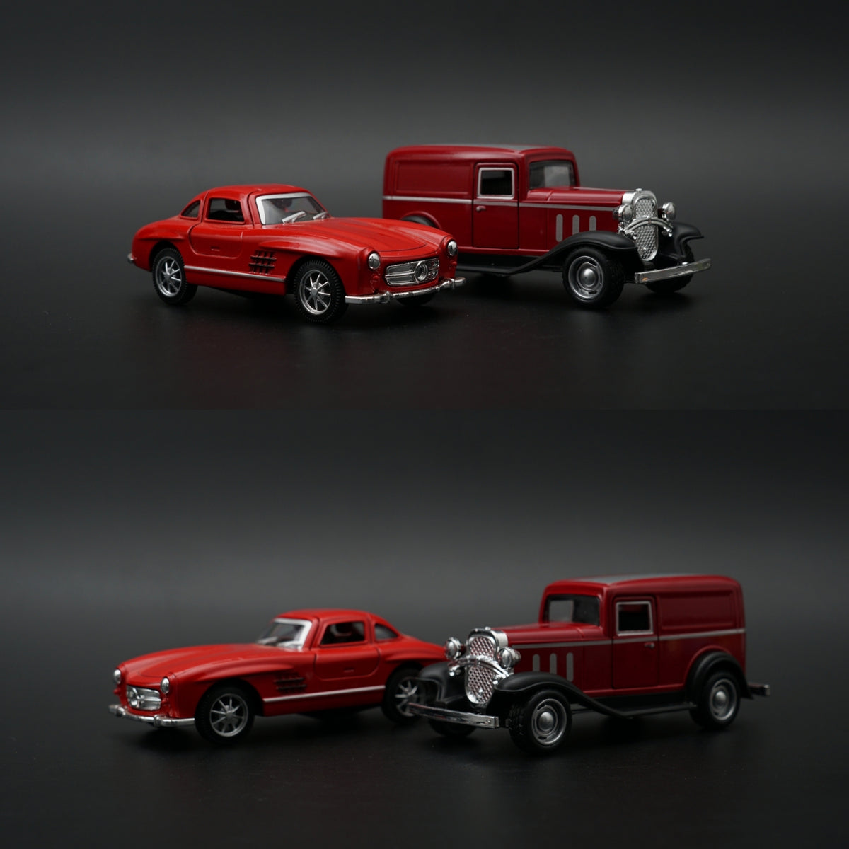 1:43 Diecast 2-Car Set | Mercedes 300SL Red + Ford Model A Panel Van Red -  Kunju Vandi  