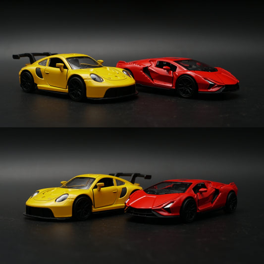 1:43 Diecast 2-Car Set | Porsche 911 GT3 RS Yellow + Lamborghini Revuelto Red -  Kunju Vandi