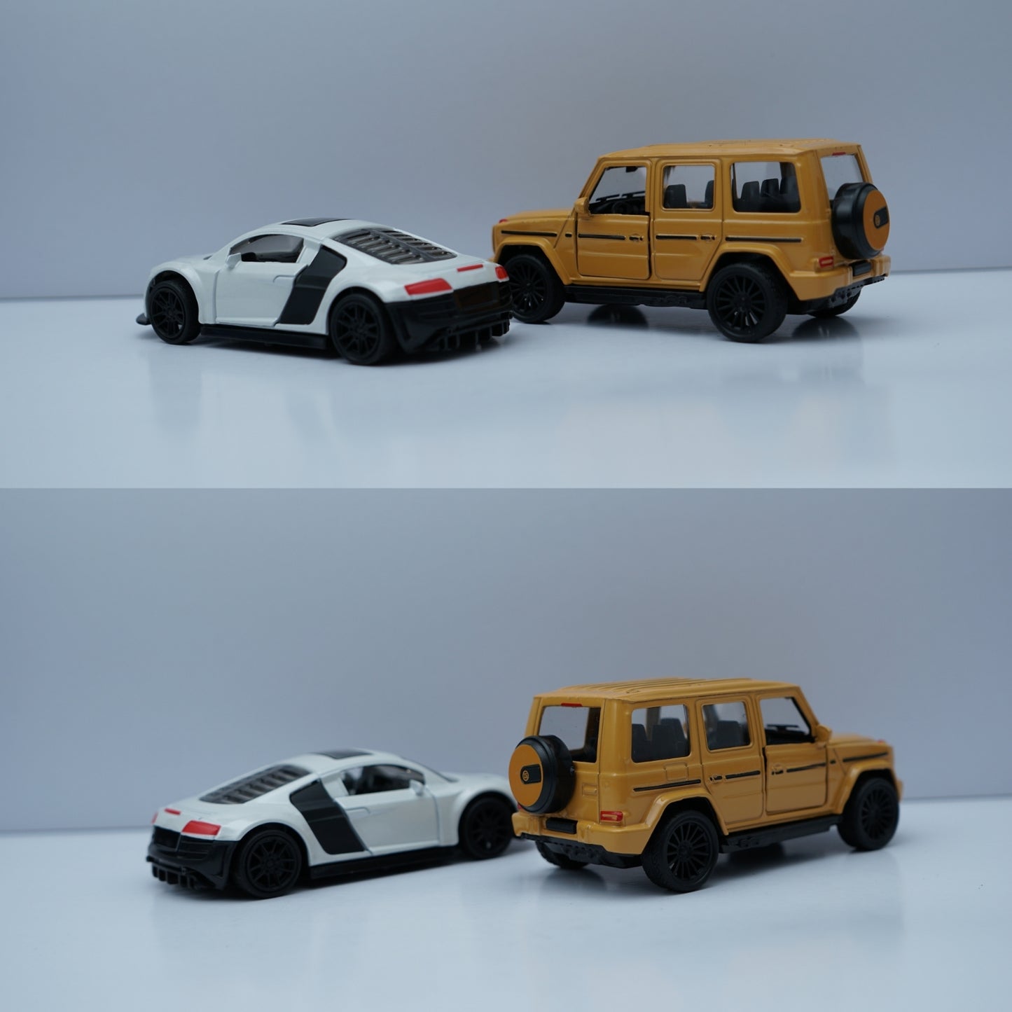 1:43 Diecast Car Combo – Audi R8 Style  & Mercedes-Benz G-Class SUV Model Set (White + Yellow) -  Kunju Vandi  