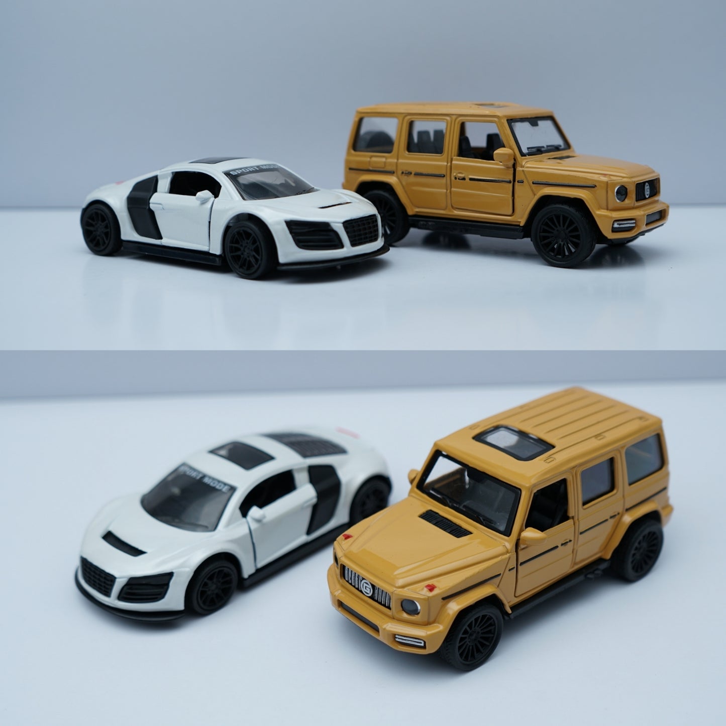 1:43 Diecast Car Combo – Audi R8 Style  & Mercedes-Benz G-Class SUV Model Set (White + Yellow) -  Kunju Vandi  