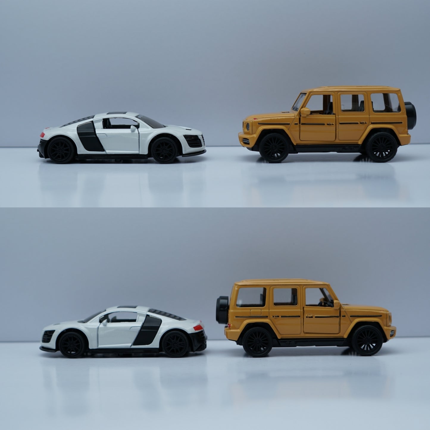 1:43 Diecast Car Combo – Audi R8 Style  & Mercedes-Benz G-Class SUV Model Set (White + Yellow) -  Kunju Vandi  