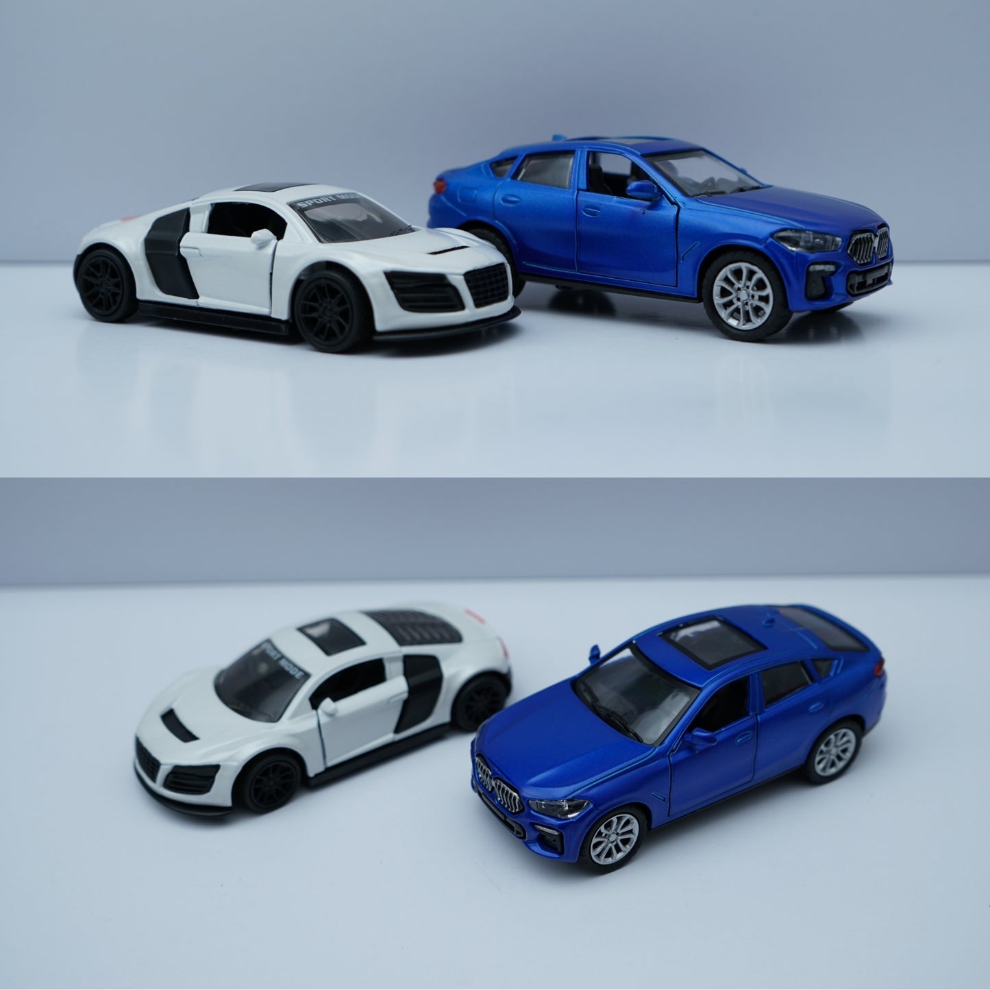 1:43 Diecast Car Combo – Audi R8 Style Sports & BMW SUV Model (White + Blue, Metal Body) -  Kunju Vandi  
